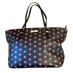 Nine West Large Tote Bag Purse Black w/ Red Pink Floral Geo Faux Leather Zip Top